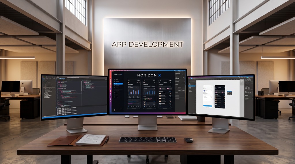 App Development — Studio Design & Engineering Triple-Display Workspace