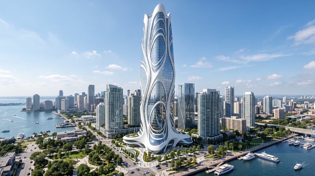 Exterior Architecture — Organic Parametric Coastal Skyscraper & Yacht Basin