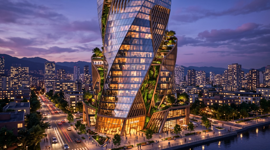 Exterior Architecture — The Helix Twisting Timber Skyscraper & Illuminated Promenade