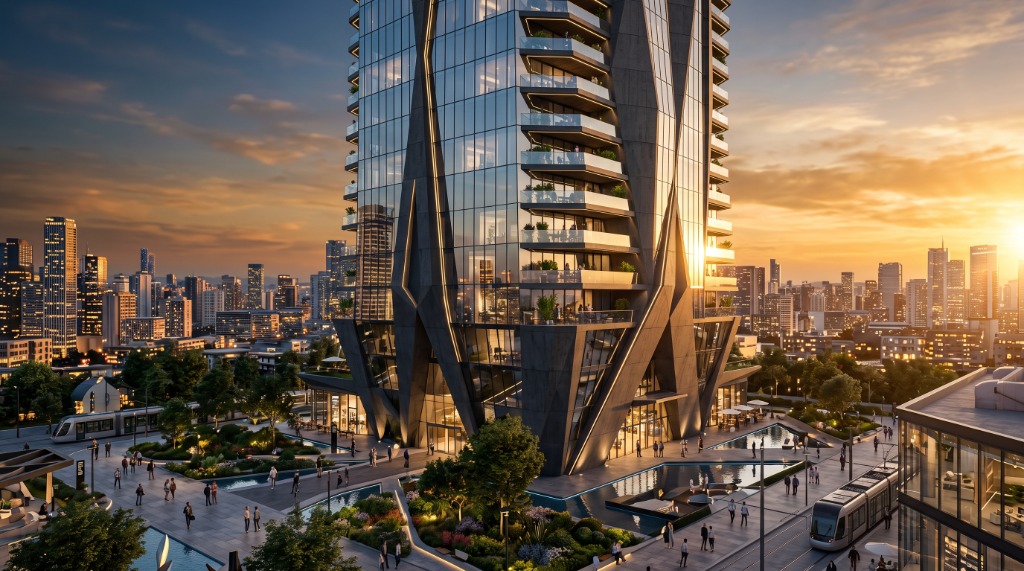 Exterior Architecture — Brutalist Residential High-Rise & Civic Tramway Plaza