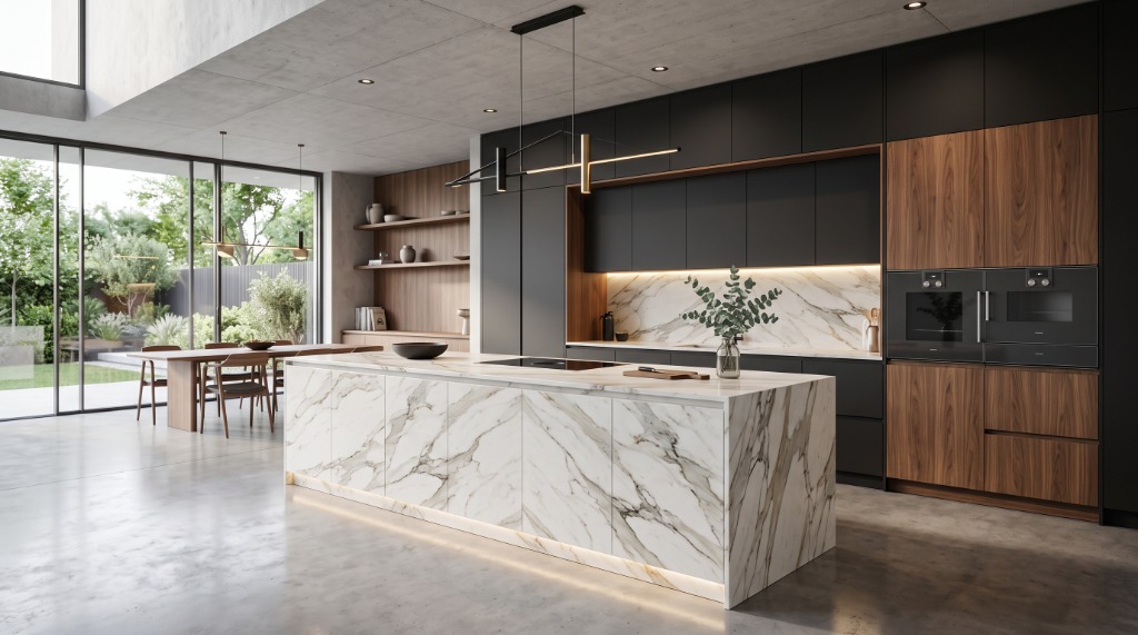 Interior Architecture — Marble & Walnut Culinary Island