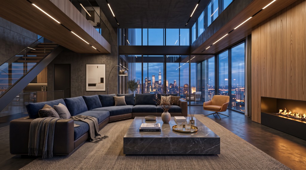 Interior Architecture — Double-Height Penthouse Lounge & Hearth