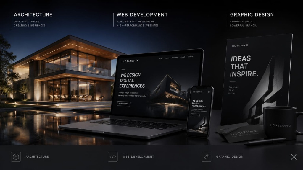 HORIZON X architecture, web development, and graphic design showcase